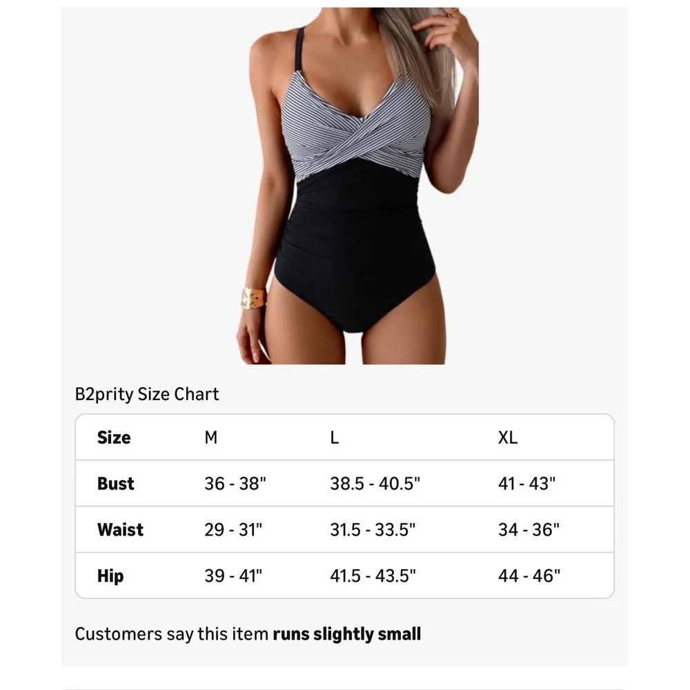 B2PRITY Womens One‎ Piece Swimsuit Black White Striped Tummy Control Size Medium